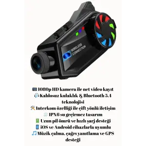 1080P Video Kayıt Özellikli, Su Geçirmez ve Bluetooth 5.4 Motorcu Interkom Kulaklığı