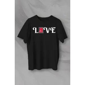 14 Şubat Sevgililer Günü Love Baskılı Oversize Bisiklet Yaka T-shirt - Siyah