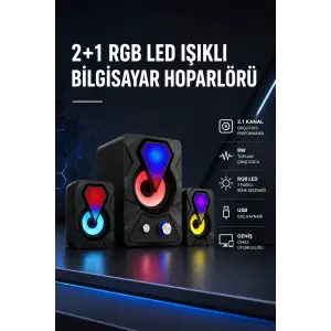 2+1 RGB LED Işıklı Güçlü Bas Sistemli Bilgisayar Hoparlörü