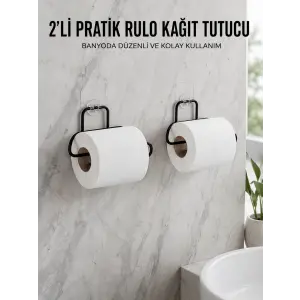 2 Adet Siyah Yapışkanlı Kağıtlık Duvar Tipi Tuvalet Kağıdı ve Rulo Tutucu