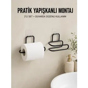 2 Adet Yapışkanlı WC Kağıtlık Siyah Metal Pratik Duvar Tipi Rulo Tutucu