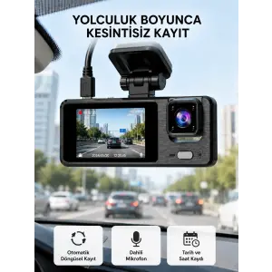 3 Kameralı Araç DVR 1080P Ön + HD Arka + İç Kamera Döngü Kayıt 2’’ Ekran