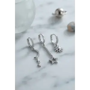 3 lü Set Ay Yıldız ve Güneş Model Gümüş Renk Kadın Küpe