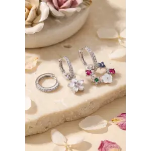 3 lü Set Gümüş Renk Çiçek Model Küpe