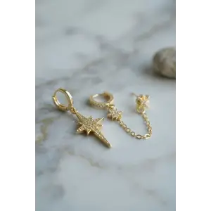 3 lü Set Küpe Gold Renk Zincir Detaylı