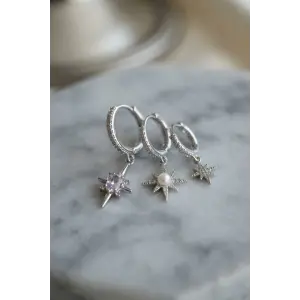 3 lü Set Küpe Gümüş Renk Kutup Yıldızı Model