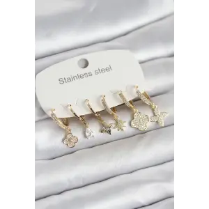 316L Çelik Gold Renk 6lı Set Yonca Model Kadın Küpe