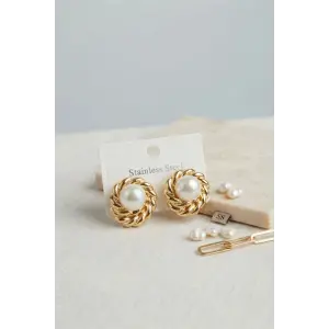 316L Çelik Gold Renk İncili Model Kadın Küpe