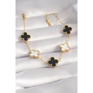 316L Çelik Gold Renk Siyah Beyaz Yonca Model Kadın Bileklik
