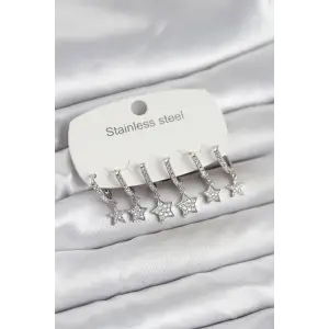 316L Çelik Gümüş Renk 6lı Set Yıldız Model Kadın Küpe