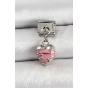 316L Çelik Gümüş Renk Pembe Kalp Model Nomination Charm