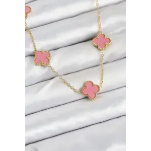 316L Çelik Zincir Gold Pembe Renk Yonca Kadın Kolye