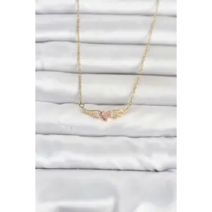 316L Çelik Zincir Gold Renk Kanatlı Pembe Kalp Model Kadın Kolye