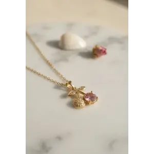316L Çelik Zincir Gold Renk Pembe Kiraz Model Kolye