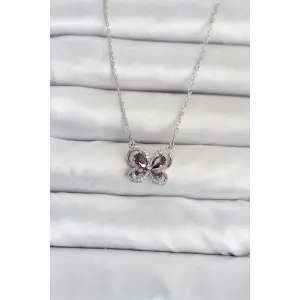 316L Çelik Zincir Gümüş Renk Mor Kelebek Model Kadın Kolye