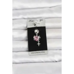 316L Cerrahi Çelik Pembe Zirkon Taşlı Model Göbek Piercing