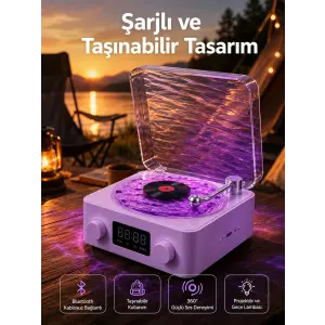 360° Sesli Kablosuz Hoparlör – Retro Tasarım ve Projektör Işığı