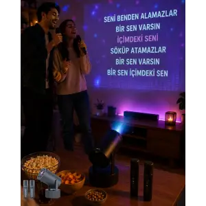 3ü 1 Arada Karaoke ve Projeksiyon Sistemi Çift Mikrofon Destekli
