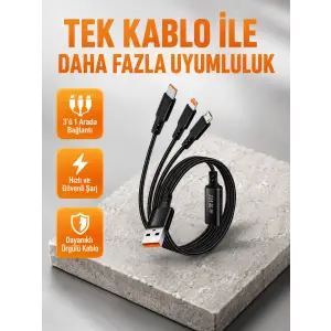 3’ü 1 Arada Şarj Kablosu Type-C iOS Android Uyumlu Hızlı ve Güvenli Şarj