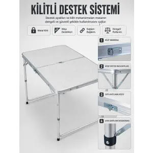 4 Kişilik Katlanabilir Kamp Masası Seti 4 Tabureli 50-65 cm Ayarlanabilir Yükseklik