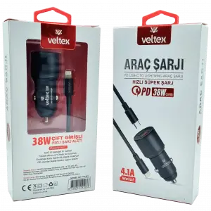 4.1A 38W PD To Lightning Metal Araç Şarj Aleti Veltex VTX-103