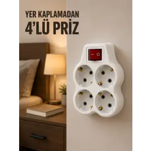 4’lü Priz Çoğaltıcı Açma Kapama Anahtarlı Kablosuz Duvar Tipi Priz Adaptörü