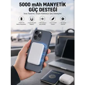 5000 Mah İOS Uyumlu Magsafe Kablosuz Şarj Hızlı Şarj Desteği