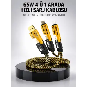 65W 4ü 1 Arada Çoklu Şarj Kablosu – USB-C, USB-A, Lightning, Veri ve Şarj Desteği Yeni Nesil