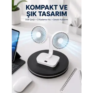 720° Döner Çift Taraflı Masaüstü Vantilatör – USB Şarjlı Sessiz Fan