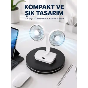 720° Döner Çift Taraflı Masaüstü Vantilatör – USB Şarjlı Sessiz Fan