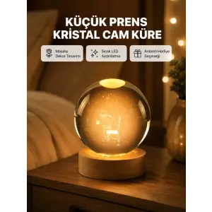 8 cm Küçük Prens Cam Küre USB Işıklı Ahşap Tabanlı Dekor