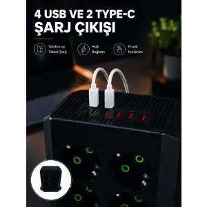 8li Dikey Çoklu Priz 4 USB 2 Type-C Akım Korumalı Anahtarlı Priz