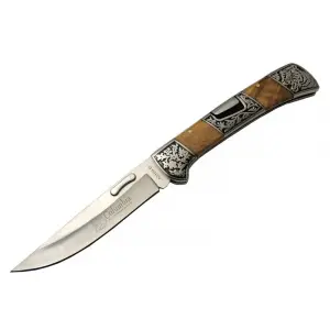 A3159-d Kahverengi Kamp Çakı 23,5cm- Ahşap Sap, Kaplan İşlemeli, Kemerlikli
