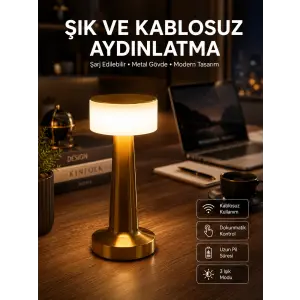Altın Rengi Masa ve Gece Lambası Dokunmatik Şarjlı Masa Lambası