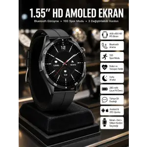 Amoled Ekran 3 Kordonlu Akıllı Saat 5.0 Bluetooth Bağlantılı Android ve İOS Uyumlu