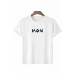 Anneler Günü Hediye Mom Çiçek Baskılı Oversize Bisiklet Yaka T-shirt - Beyaz