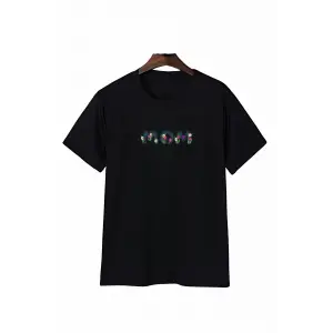 Anneler Günü Mom Çiçek Temalı Baskılı Oversize Bisiklet Yaka T-shirt - Siyah