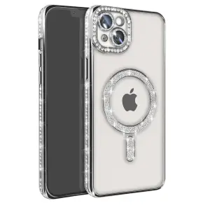 Apple İphone 14 Kılıf Joke Simli Magneticsafe Kılıf - Gümüş