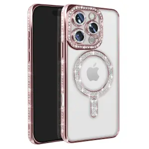 Apple İphone 16 Pro Max Kılıf Joke Simli Magneticsafe Kılıf - Pembe