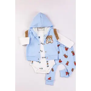 Bear Nakışlı Yelekli 3lü Erkek Bebek Takımı