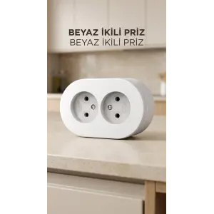 Beyaz Çift Girişli Topraklı Sıva Üstü Priz, Dekoratif Duvar Elektrik Ünitesi