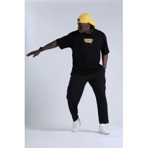 Erkek Kısa Kol Yazlık Tişört Bisiklet Yaka Baskılı Oversize T-Shirt - Siyah