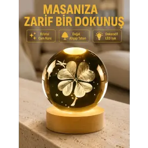 Bitki Temalı LED Işıklı Cam Küre Ahşap Standlı Modern Gece Lambası