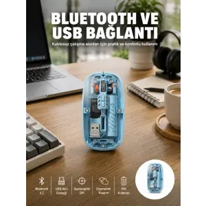 Bluetooth 5.2 Destekli Mavi Pilli Kablosuz Mouse Yeni Nesil
