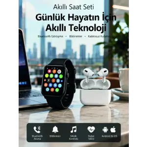 Bluetooth Arama Özellikli Akıllı Saat Seti Kablosuz Kulaklık Hediyeli, Android & iOS Uyumlu