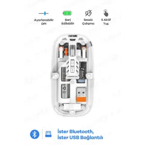 Bluetooth USB Çift Modlu Sessiz Mouse, Şeffaf Mıknatıslı Kapaklı, Type-C Şarjlı, DPI Ayarlı, Kablosuz 10m Çekim Mesafeli, Masaüstü Kısayol Tuşlu, Taşınabilir Şarjlı Mouse Beyaz