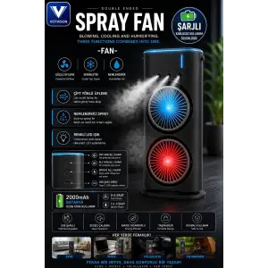 Çift Başlıklı Sprey Fan Nemlendirici Ve Renkli Led Işıklı Siyah