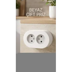 Çift Girişli Beyaz Sıva Üstü Topraklı Priz - Dekoratif Duvar Prizi
