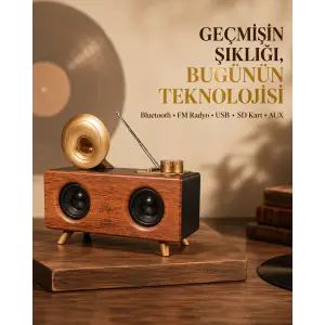 Çift Hoparlörlü Retro Bluetooth Speaker 1800mAh Bataryalı AUX USB SD Kartlı