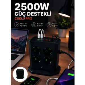 Çoklu Priz 8 Çıkışlı 4 USB 2 Type-C Anahtarlı Dikey Priz Kulesi